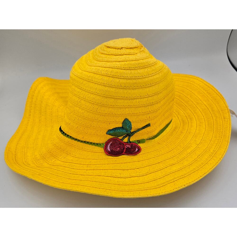 Claire's Bright Yellow with Sequined Cherry Sunhat Size S/M Green Sequins Too